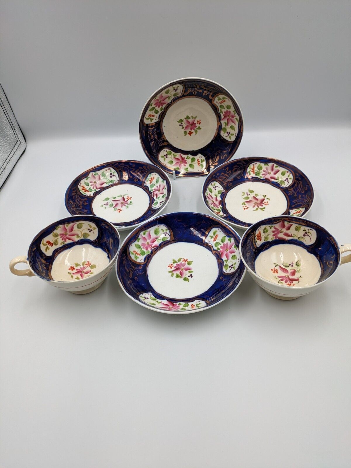 ANTIQUE Mid 1800’s ENGLISH GAUDY WELSH TEA CUPS SAUCERS DUOS COBALT BLUE COPPER 