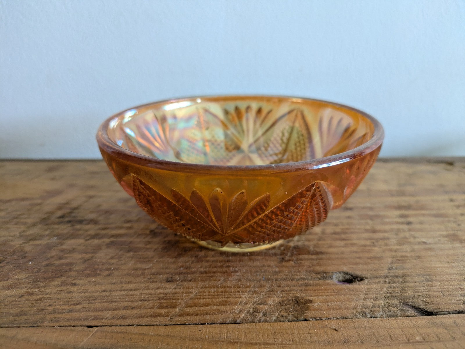 Small Fenton Marigold Carnival Glass Bowl Diamond And Fans Vintage Iridescent 