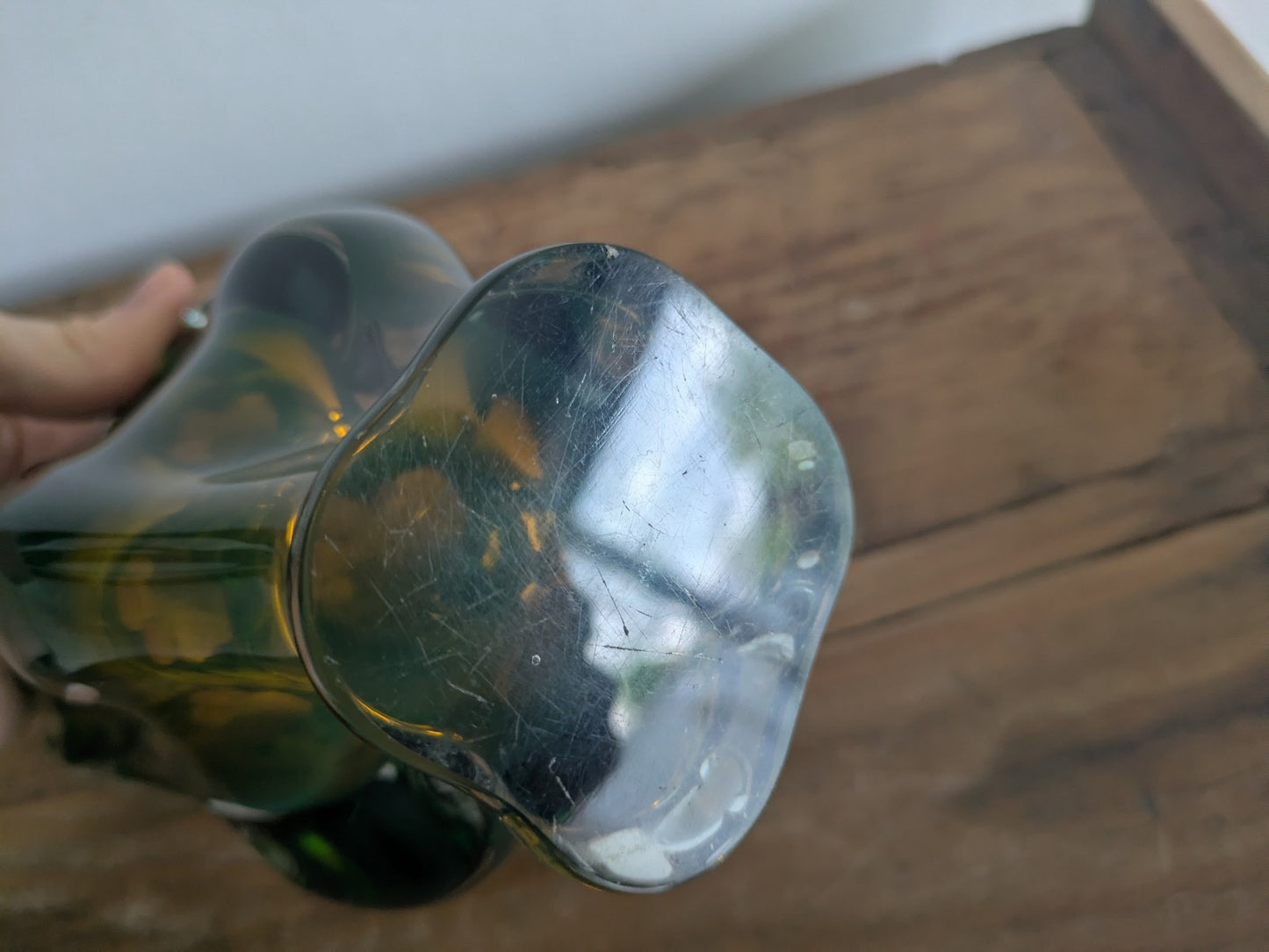 LARGE HEAVY GREEN & YELLOW CZECH CHRIBSKA FREEFORM ART GLASS VASE JOSEF HOSPODKA