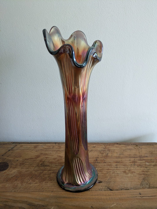 Vintage FENTON 30cm H Amethyst Iridescent GLASS Frilled Rim VASE Diamond  Ribbed