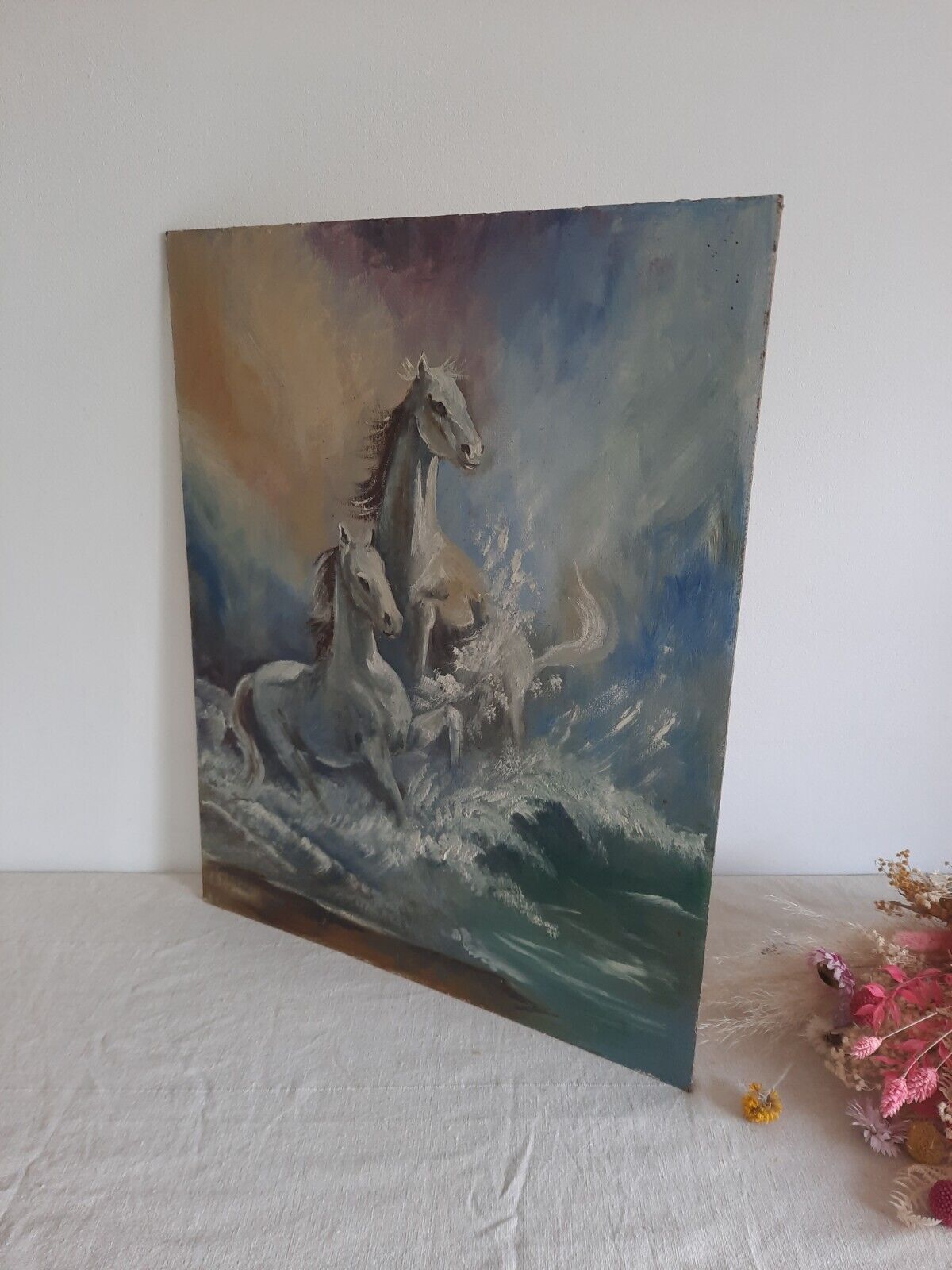 OIL ON BOARD EQUESTRIAN ARTIST SURREAL HORSES FANTASY ART MAGICAL WHIMSICAL OLD