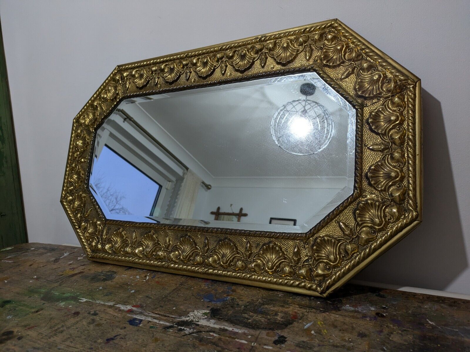 Antique 1920s Bevel Edged Brass Shell Embossed Wall Mirror Vintage Mantle Prop 