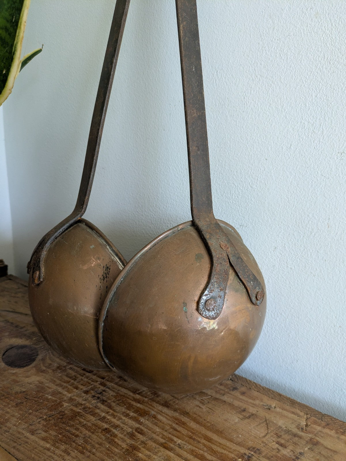 2x Antique Copper Iron Ladle Hand Forged Victorian Scoop Wall Hanging Spoons Vtg