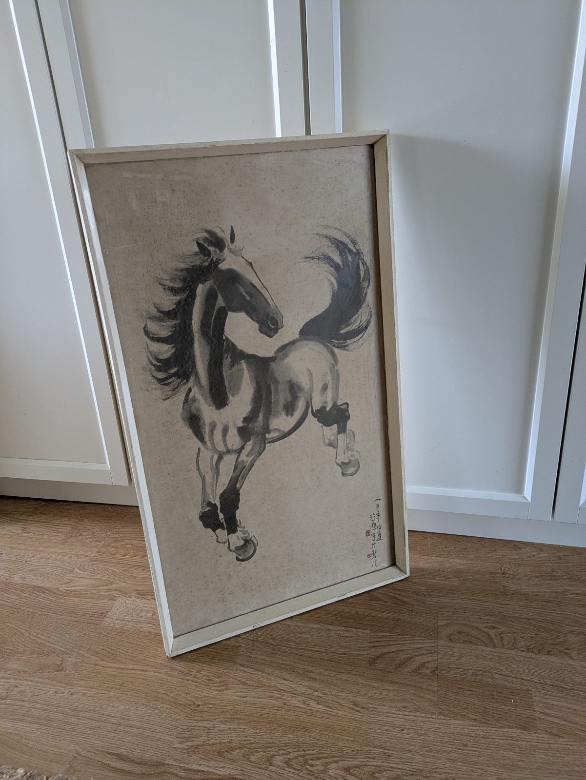 Mcm Large Vintage 1950s Framed Xu Beihong Print Chinese Galloping Horse Ink Old