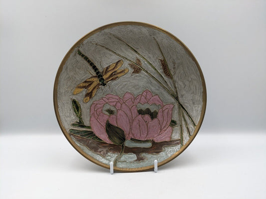 Vintage Brass Copper Decorative Plate Dragonfly Bowl Gift Enamelled Cloisonne