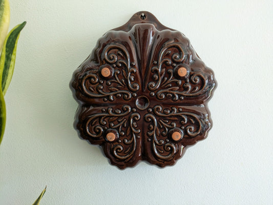 Keramik Germany 1 Backform Clover Leaf Pudding Brown Pottery Cake Mould Vgc Vtg