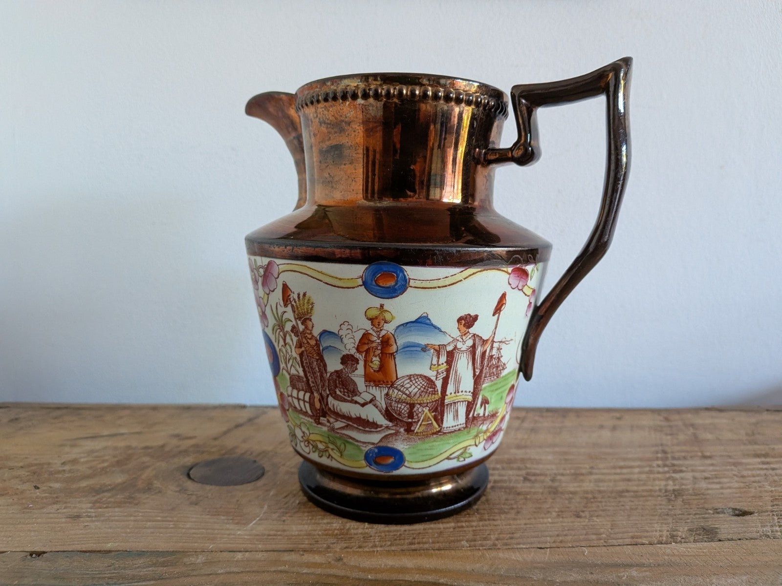 Antique Pottery Pearlware Transfer Copper Lustre Jug 1825 Vintage Large English 