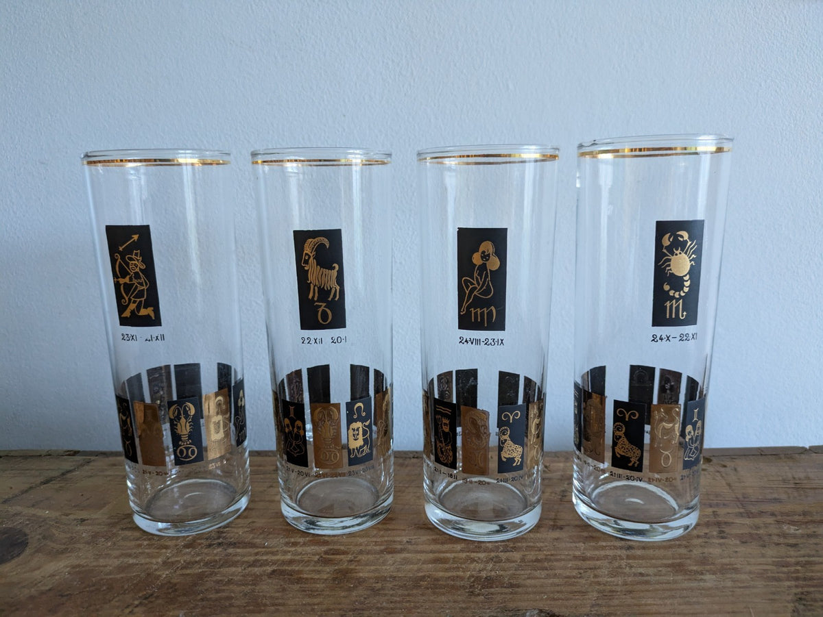 Set Of 4 Vintage Zodiac Horoscope Highball Glasses Gold Made In England MCM Vgc