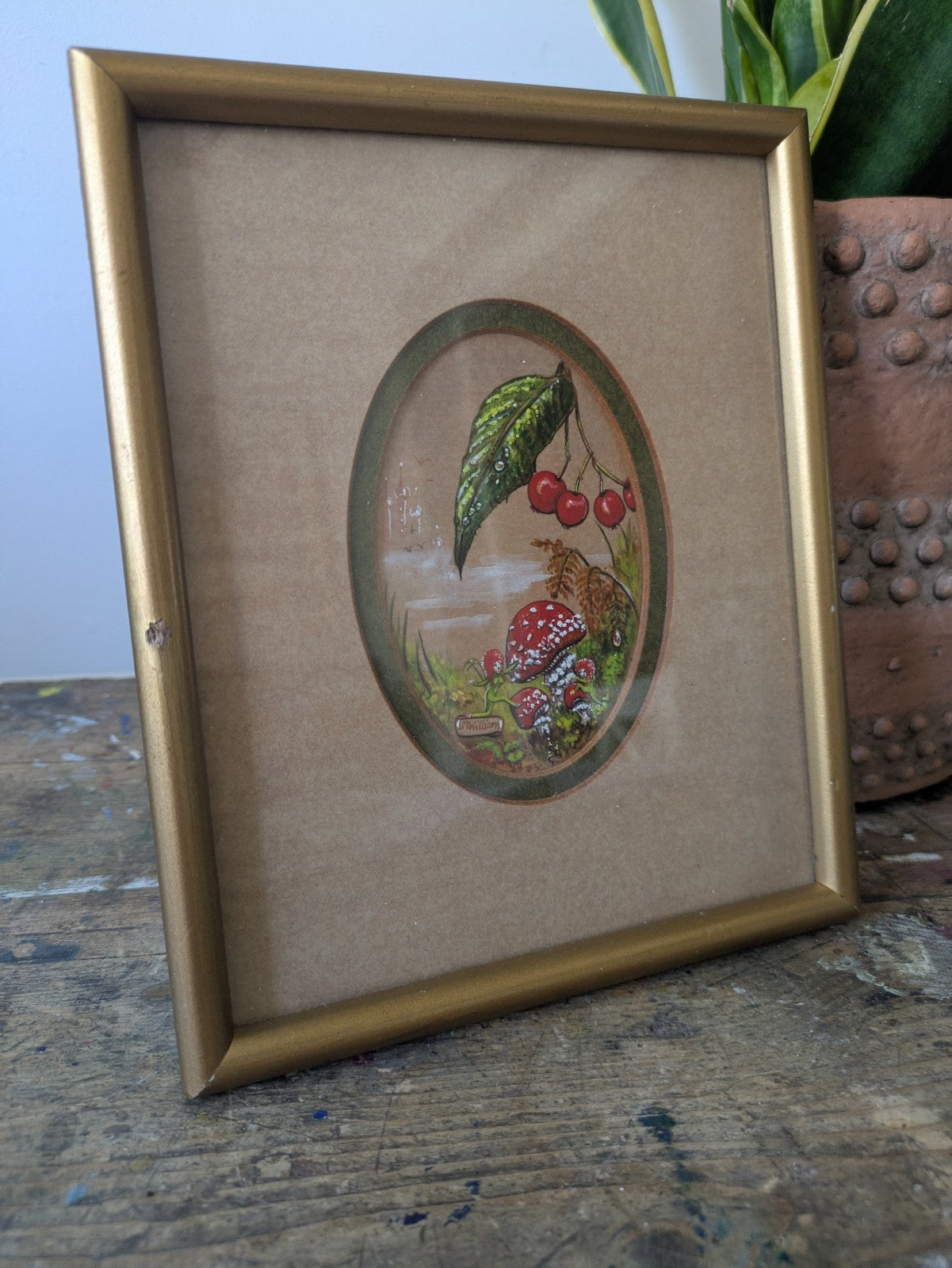 Vintage Watercolour Painting Mushroom Toadstool Pixies Signed Framed 1983 Folk