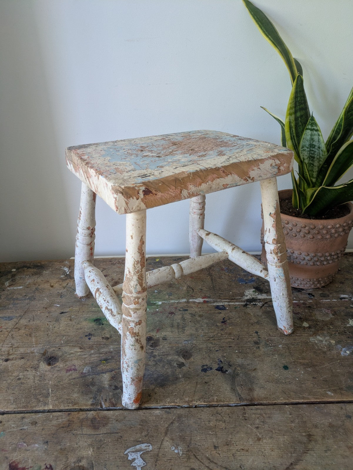 Victorian Antique Foot Stool Chippy Paint original seat chair Vtg Milking Step