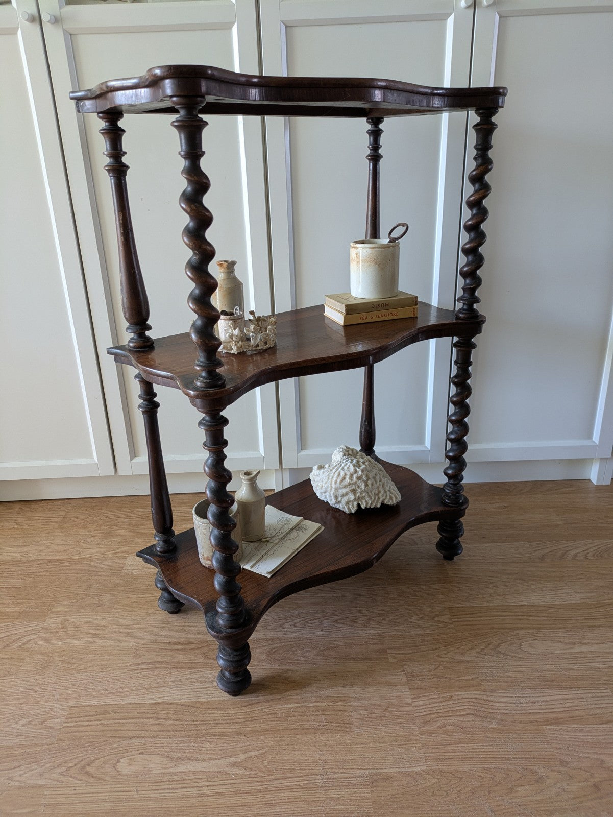 Antique Victorian Whatnot Mahogany Shelves Barley Twist Turned Legs Bookcase 