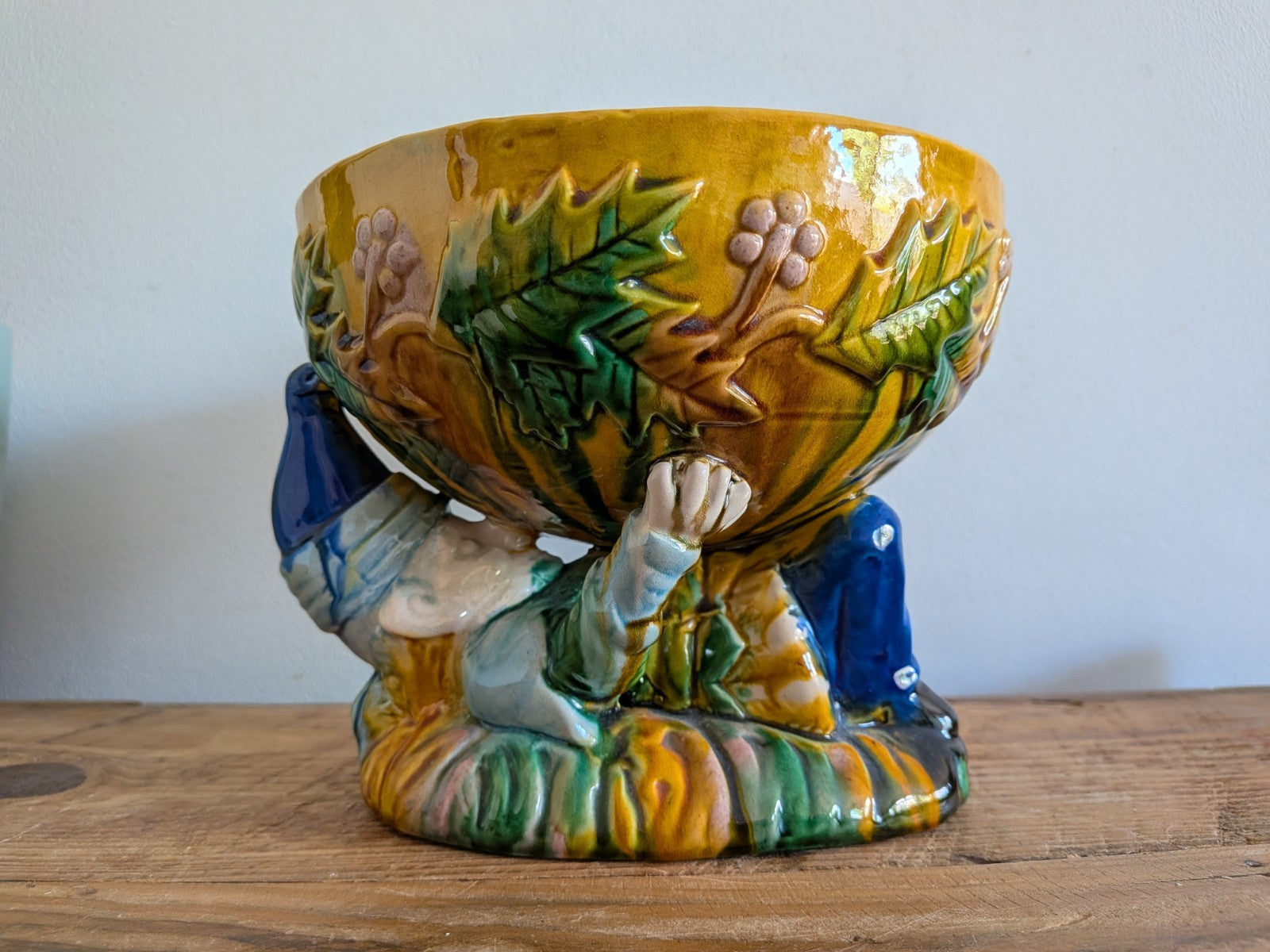 Vintage George Jones Majolica “MR Punch” Punch Bowl Christmas Table Gnome Dwarf