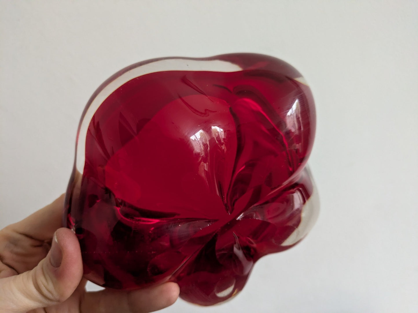 Whitefriars Ruby 5 Lobed Dish PatNo.9408 Flower Shape Cased Red Bowl Vtg Retro