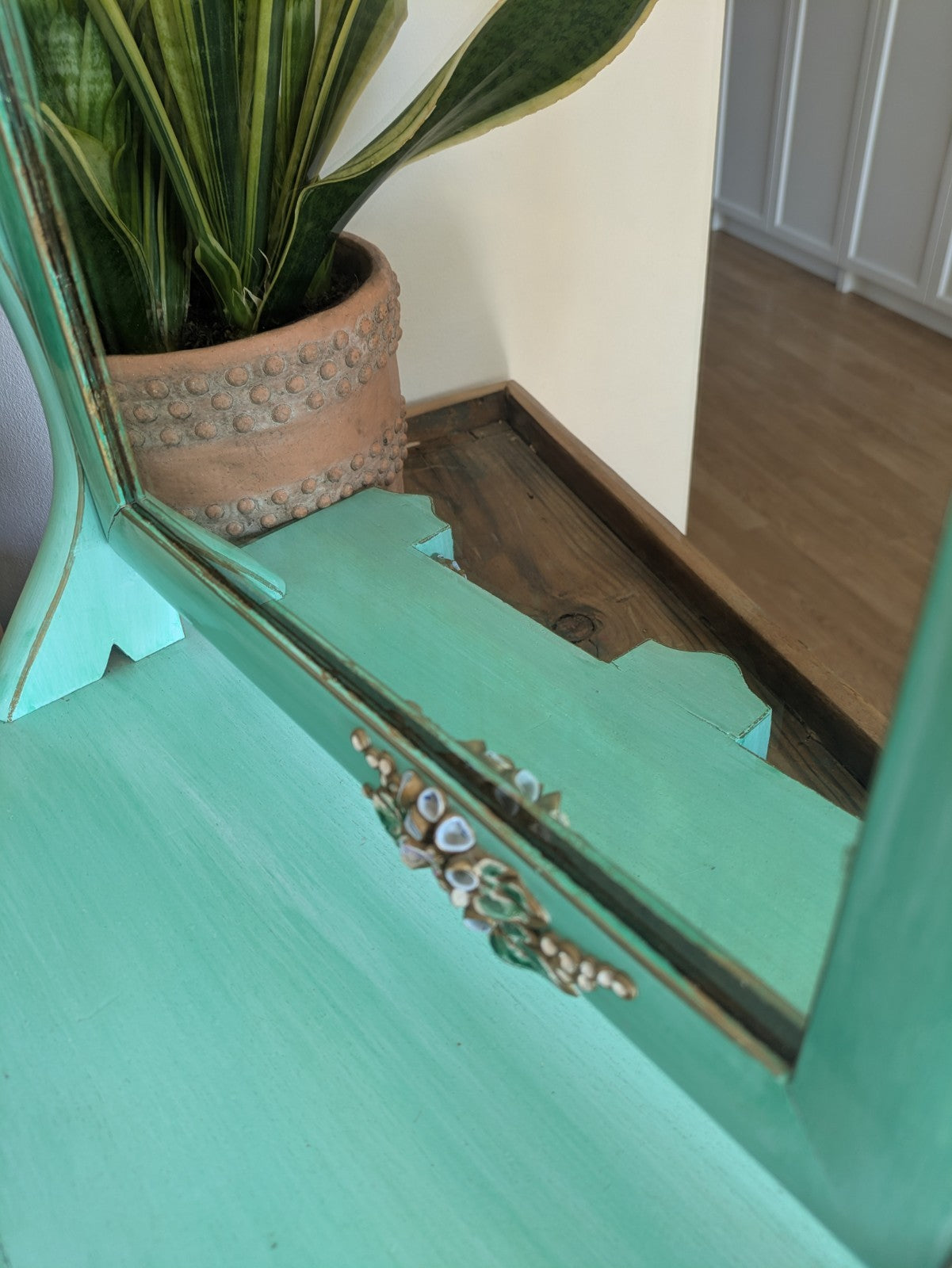 Antique Victorian Edwardian Wood Table Vanity Mirror Drawers Turquoise Floral Vg