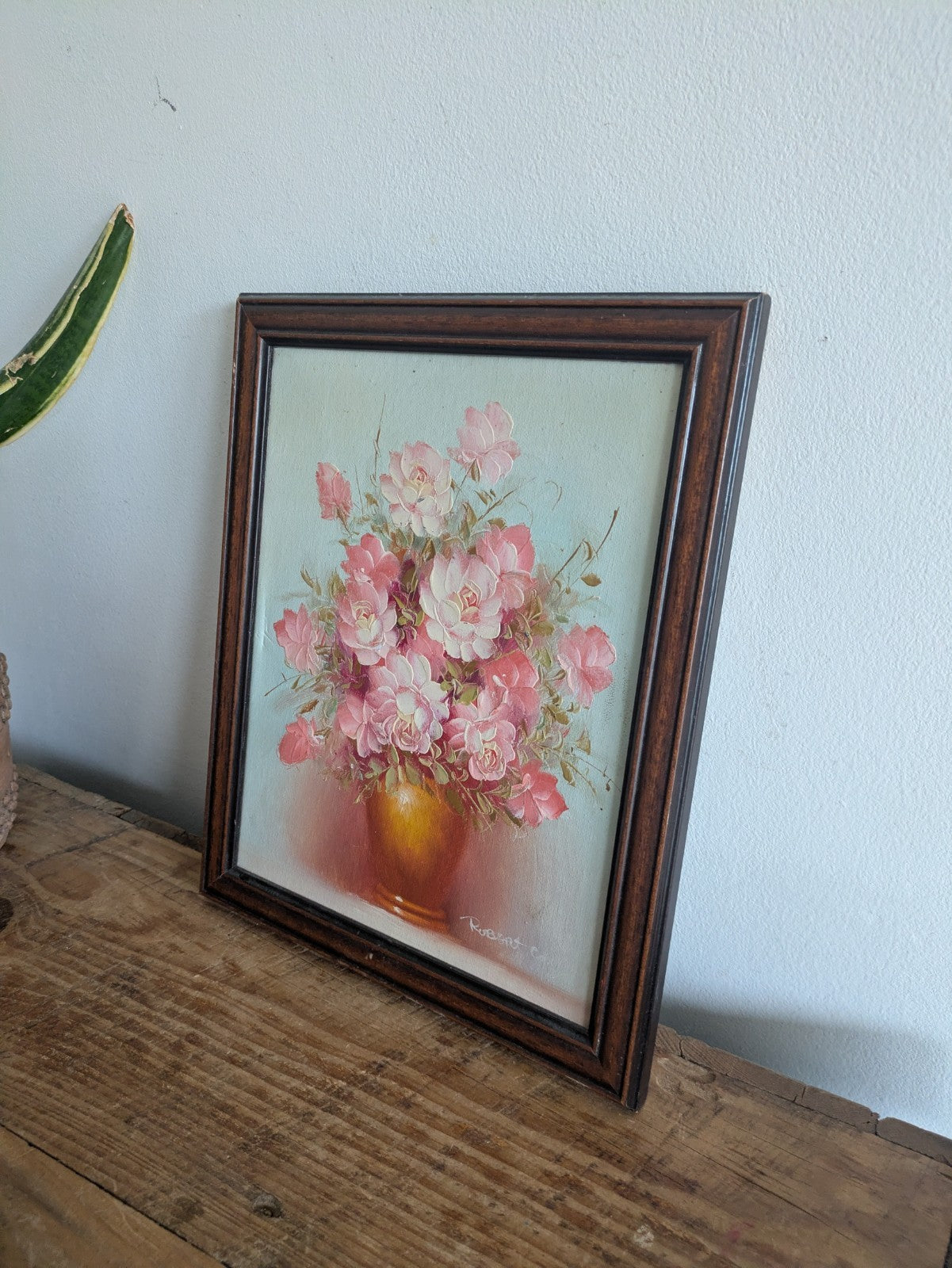 Vintage Framed Floral Oil Paintng Signed Robert Cox Pink Rose Canvas Frame Wood