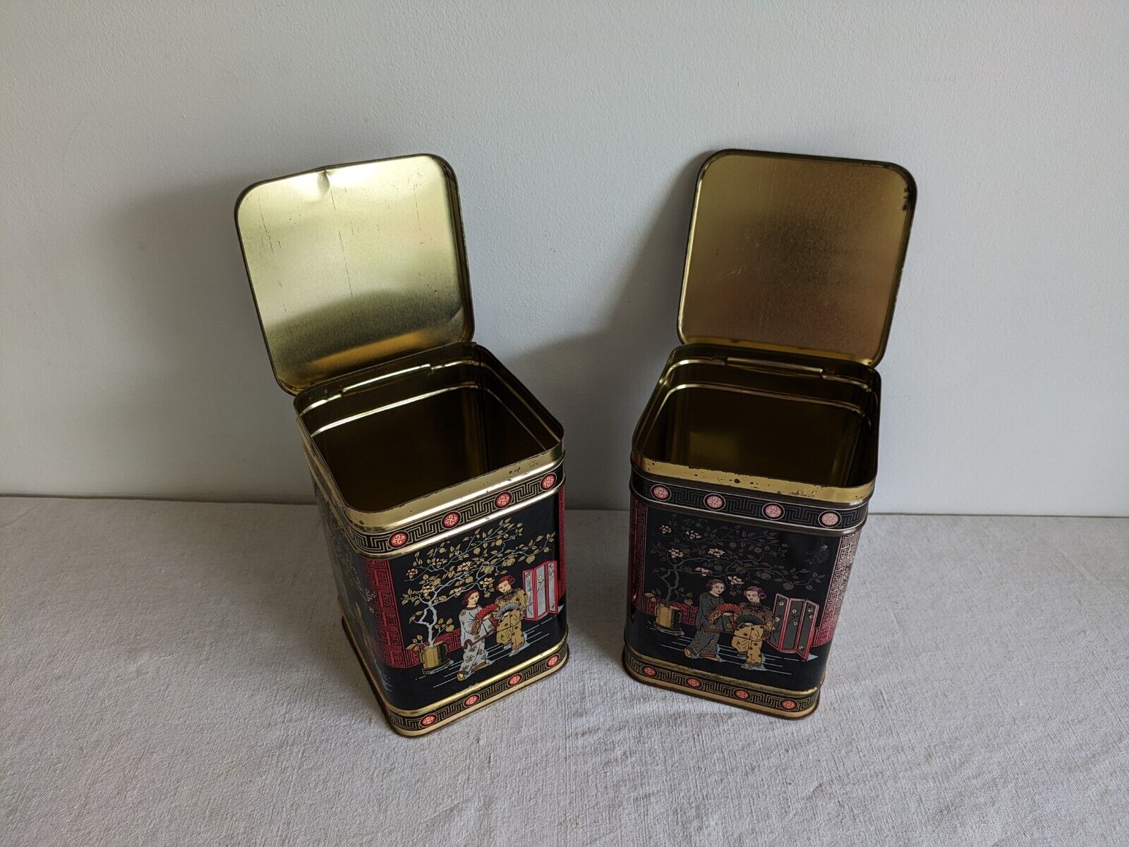2x Original Vintage Japanese Black TEA Two Pound Tin Metal Made In England Large