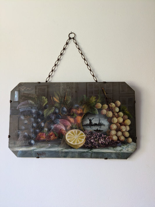 Abells Signed Still Life Oil Fruit Grapes Frameless 1920s Painting Dutch Glass 