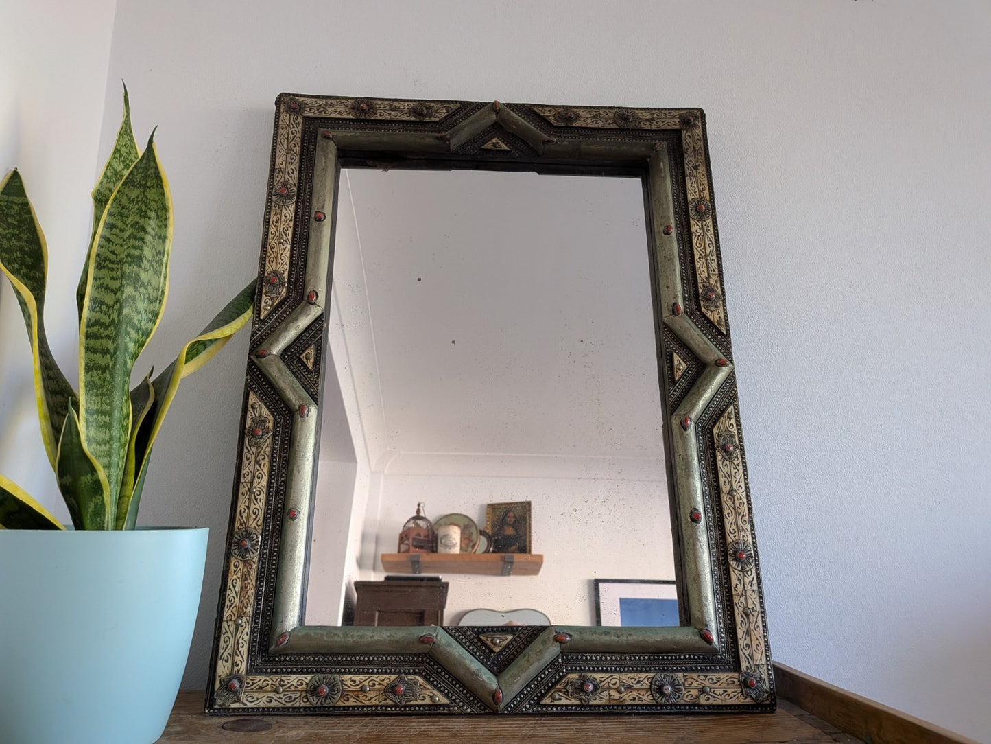 Vintage Ancient Handmade Moroccan Wall Mirror Brass Bone Camel Inlaid Mosaic XL 