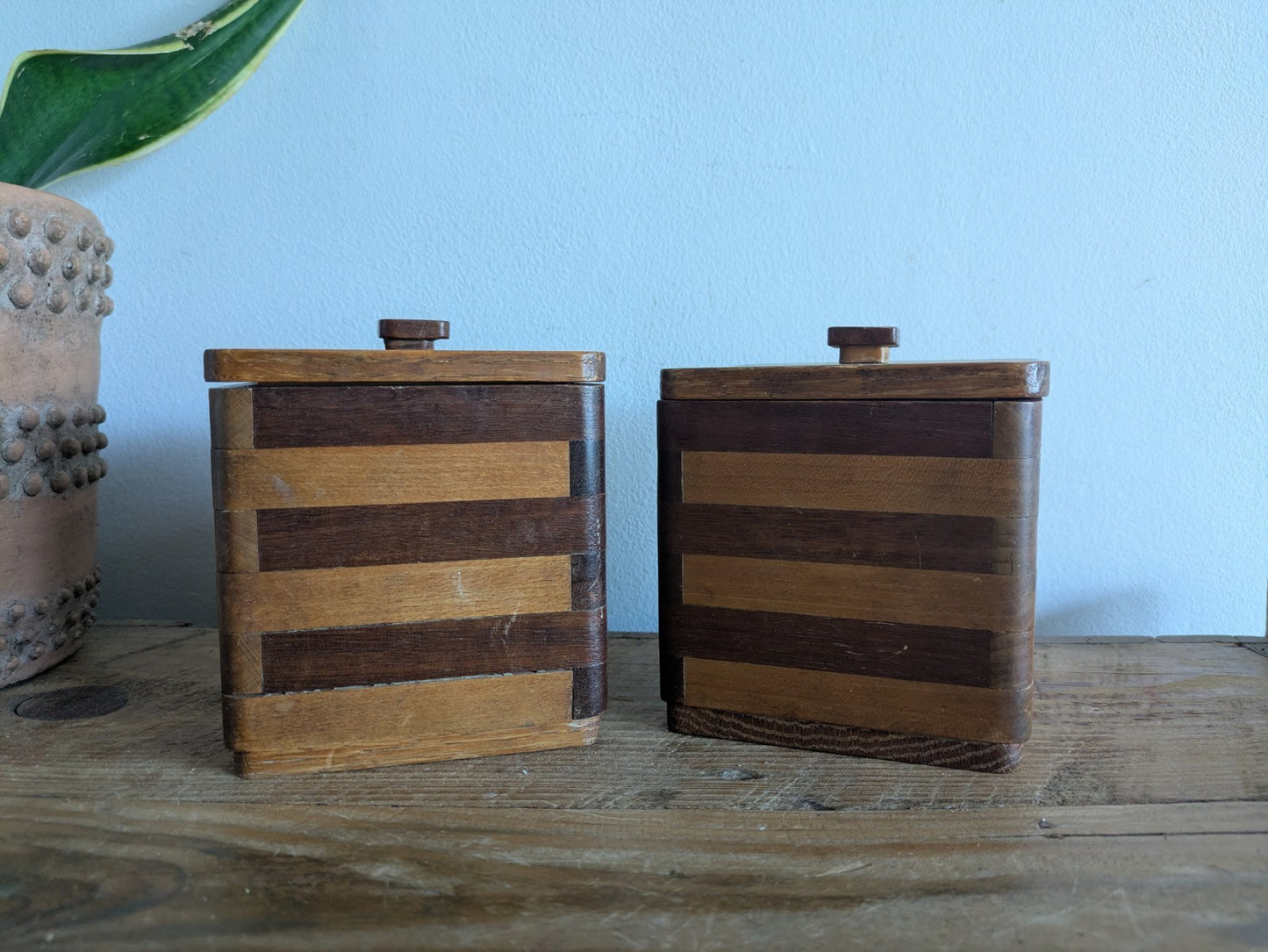 Pair Vtg Wood Two-tone Striped Kitchen Canister Caddy 1960's Mid Century Retro 