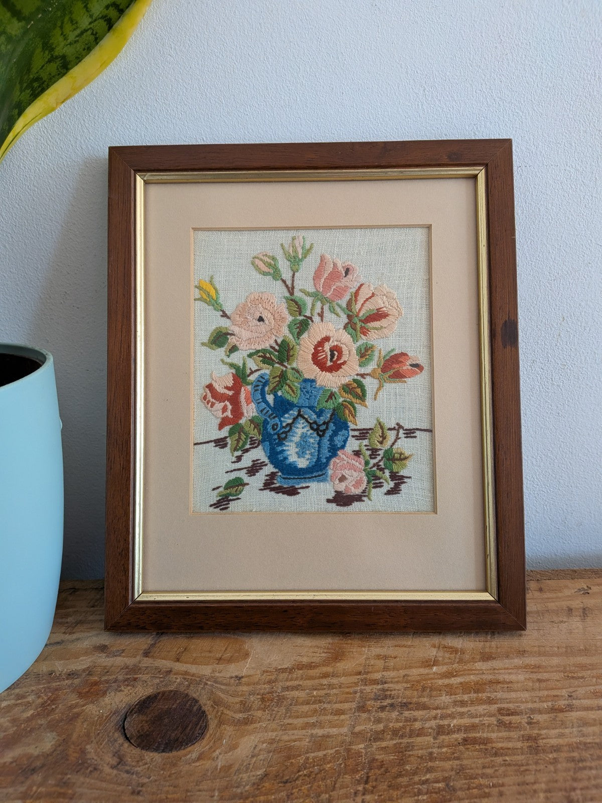 Vintage Pink Rose Bouquet Needlepoint Embroidery Floral Art Handmade Framed Vase
