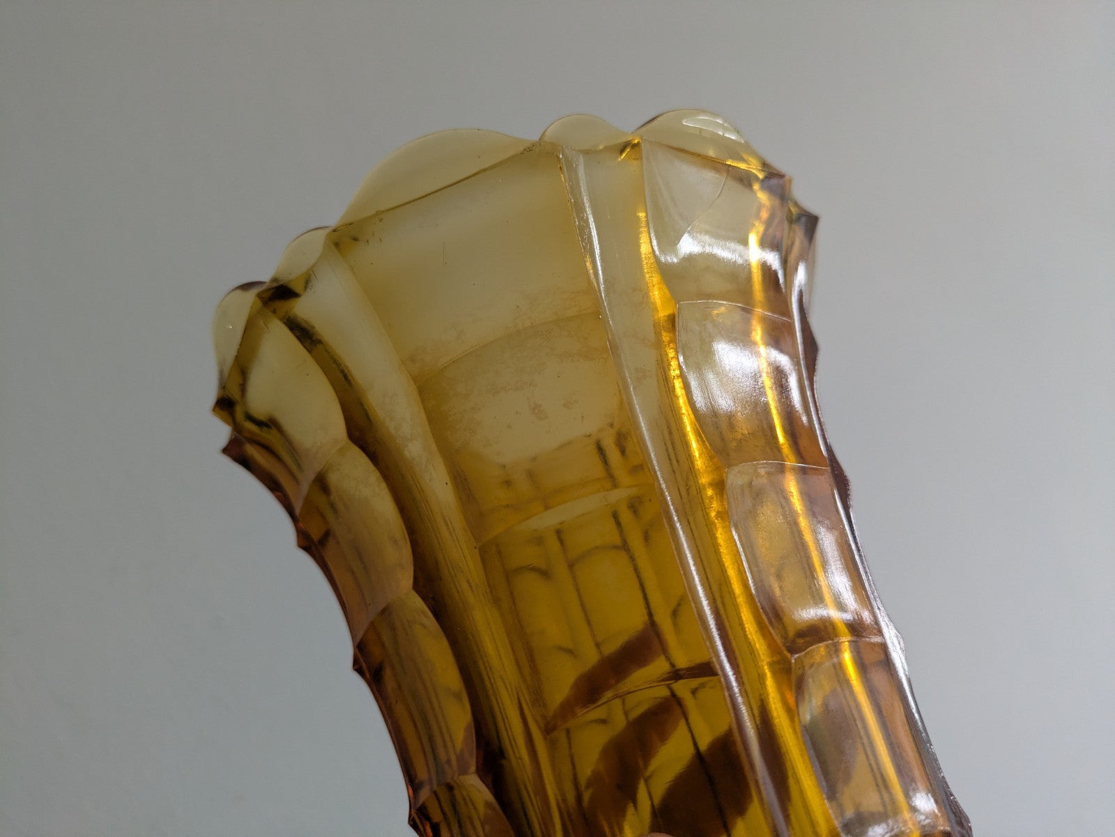 Vintage Art Deco Fluted Amber Glass Flared Vase Heavy Yellow Flowers Mantle Old