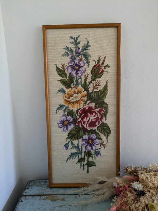 Framed Rose Tapestry Picture Floral Display Vintage Flowers Needlepoint Kitsch