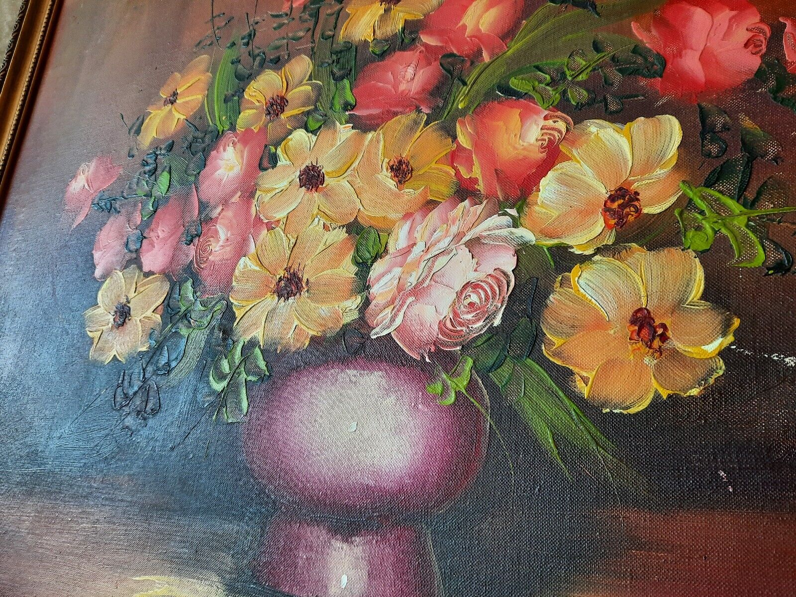 Large Original Vintage Antique Still Life Of Roses Oil On Canvas Painting Gilt
