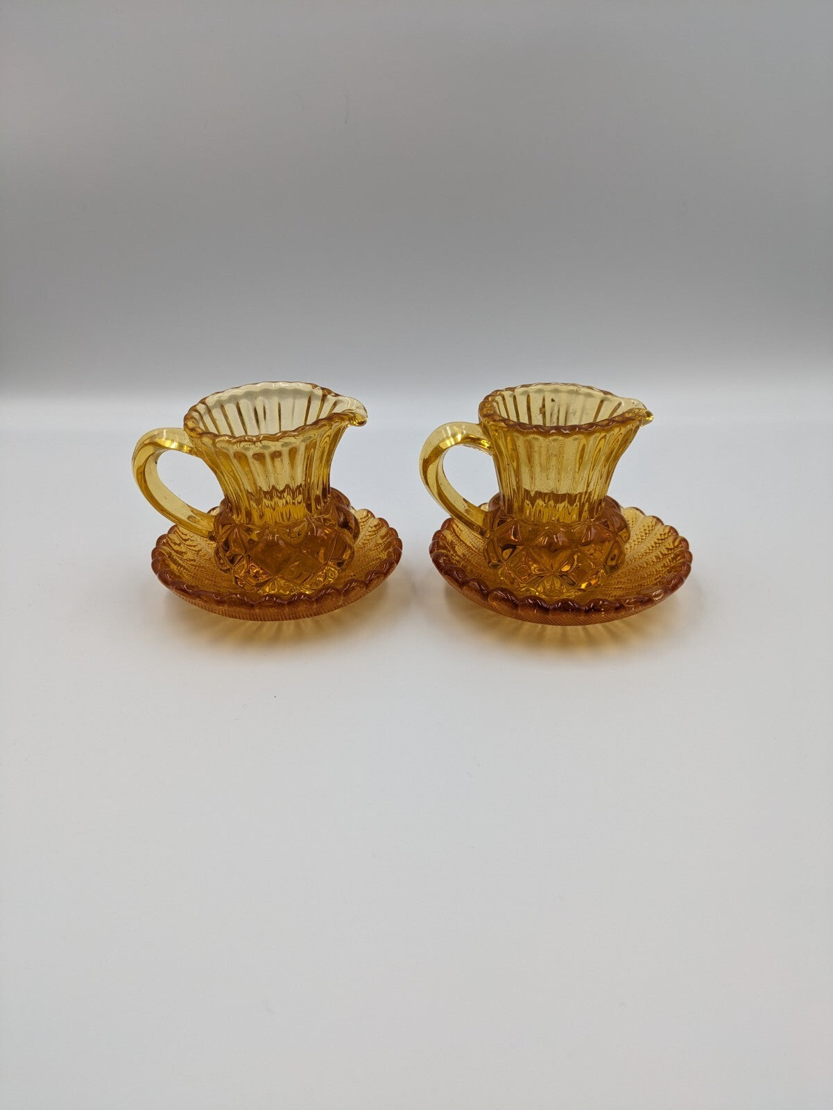2x Vintage Amber Glass Thistle Shape Cream Milk Jug Toothpick Holder Saucer Rare