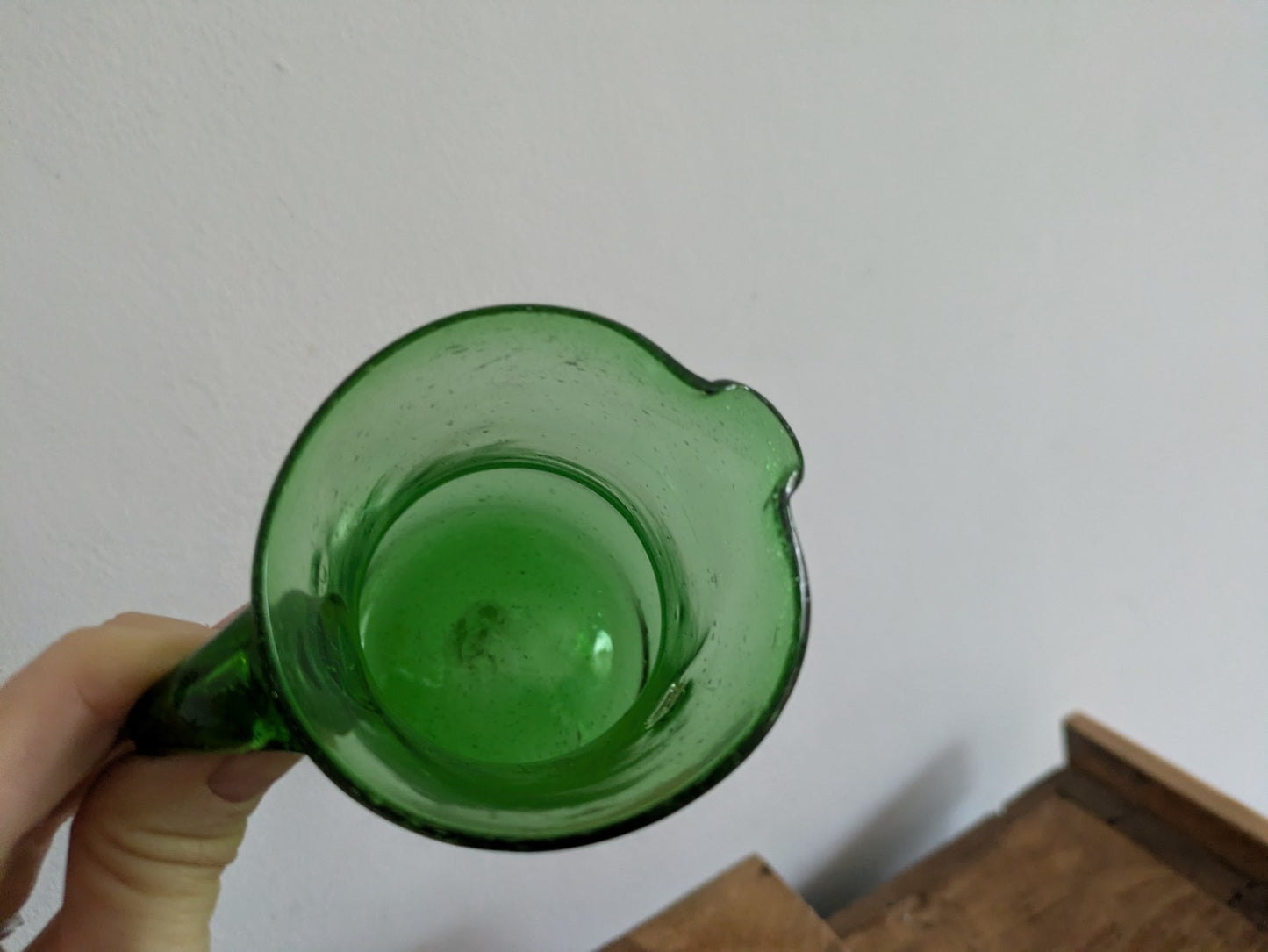 Vintage Emerald Green Bubble Glass Pitcher Jug Vase Hand blown Small Retro Vgc
