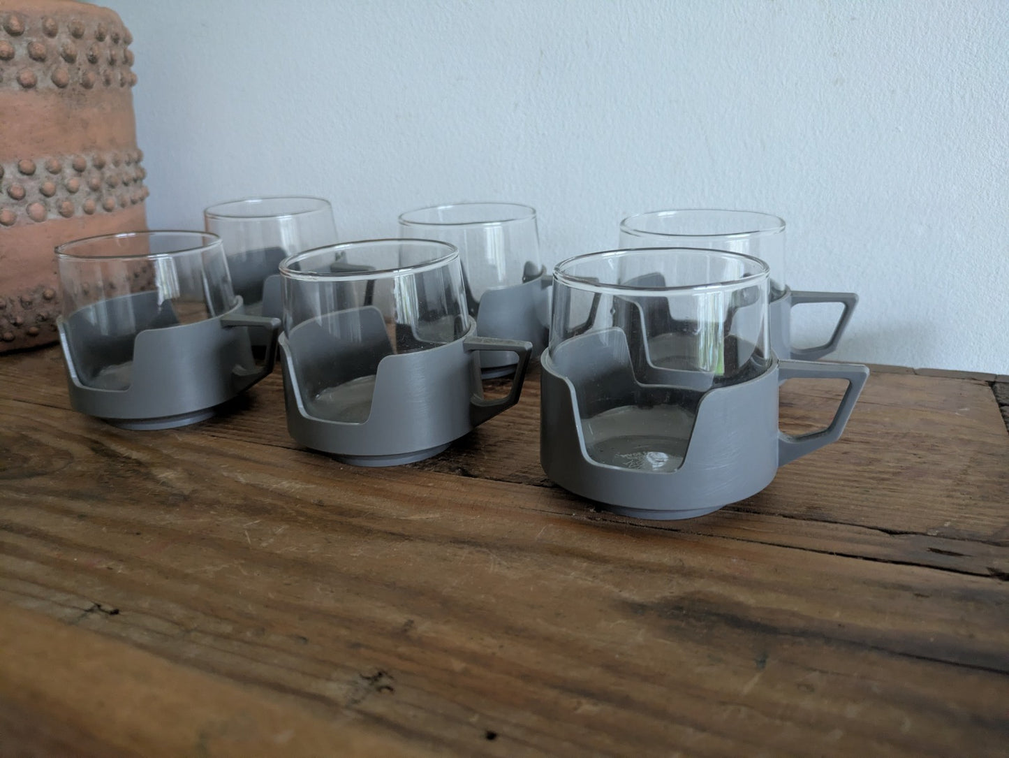 6 Grey Drink Mugs Cups Vintage JAJ Pyrex Camping Caravan Camper Picnic Set Retro