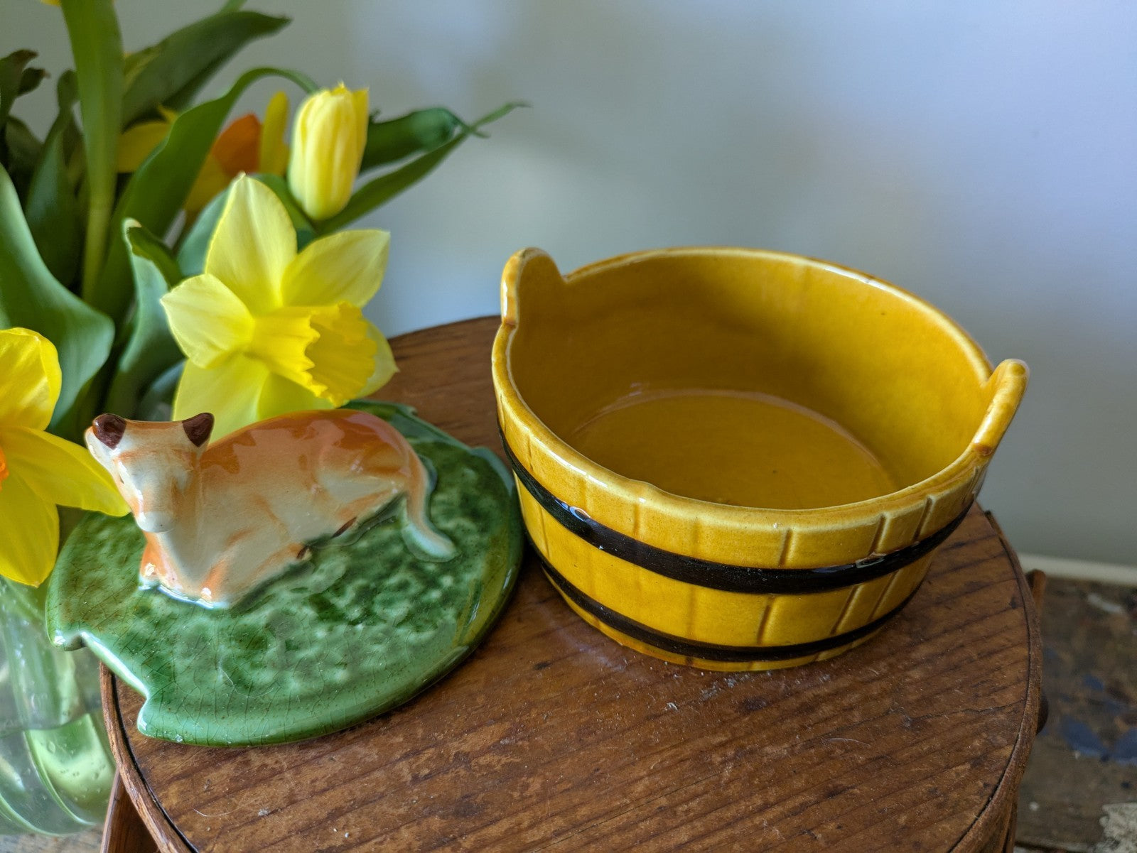 Vintage Secla Pottery Majolica Lidded Butter Dish - cow on a barrel Pot Cheese