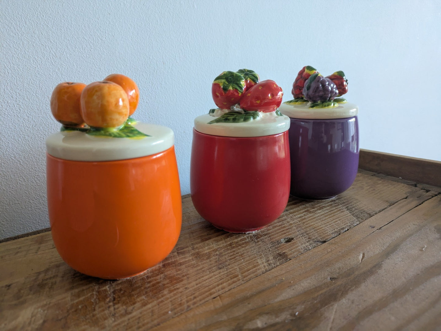 3x Vintage Preserve Jars Strawberry Orange Blackberry Shaped Lids 1980s Jam Jars