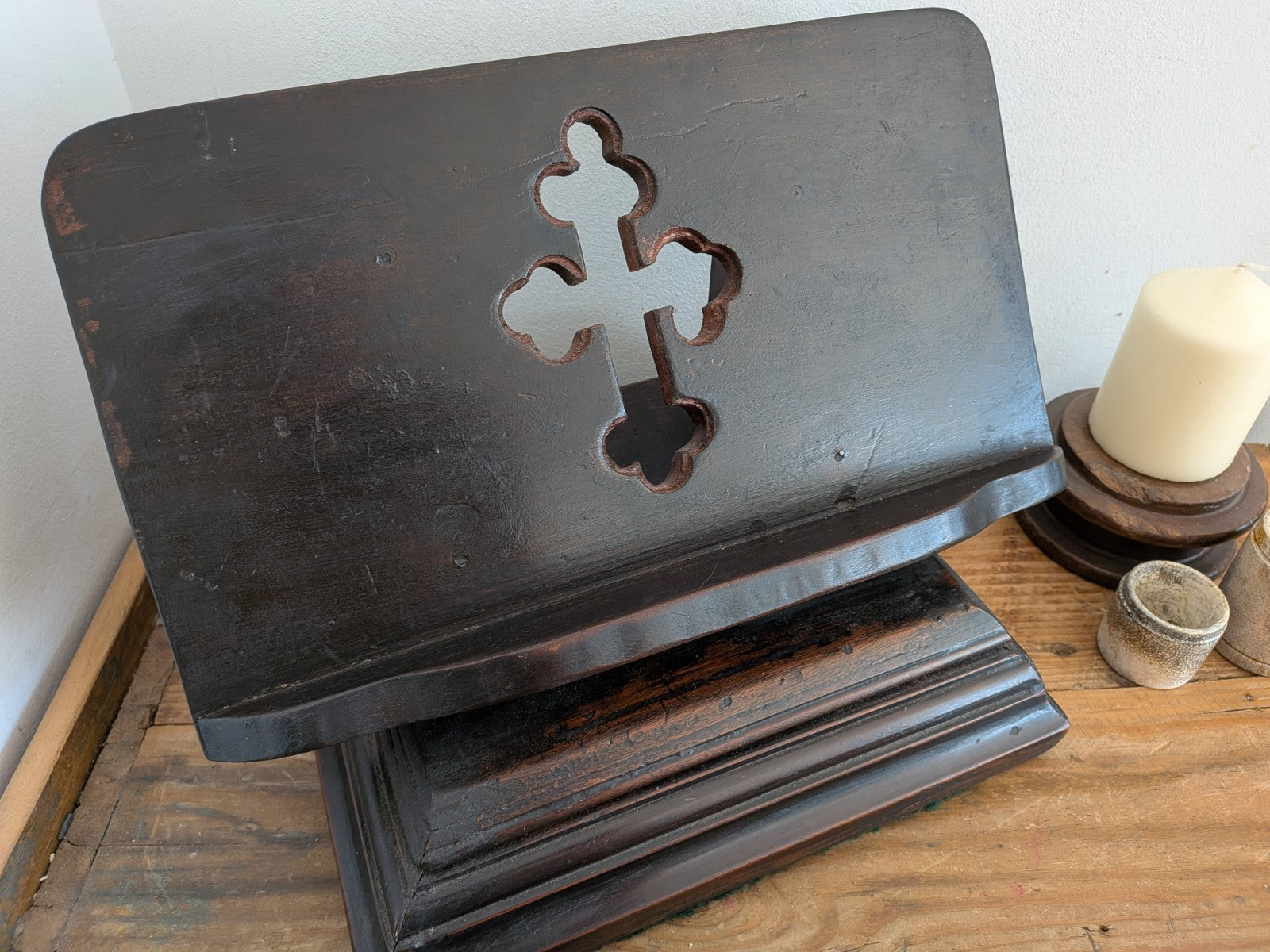 Antique Wood Carved Bible Stand  Lectern Religious Crucifix Book Rest Missal Vtg