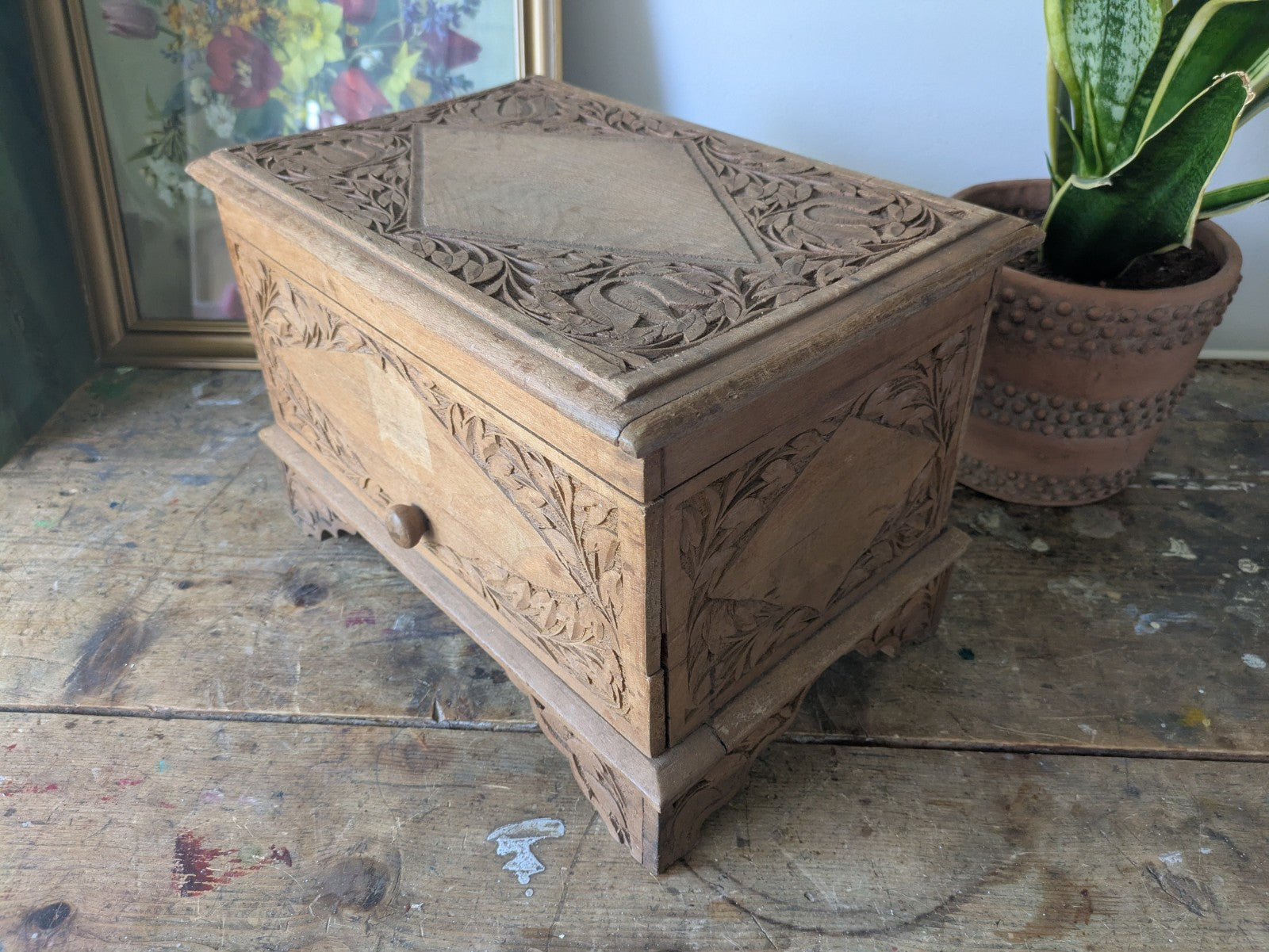Vintage Hand Carved Indian Wooden Storage Cabinet Chest Trunk Mango Wood Box Sml