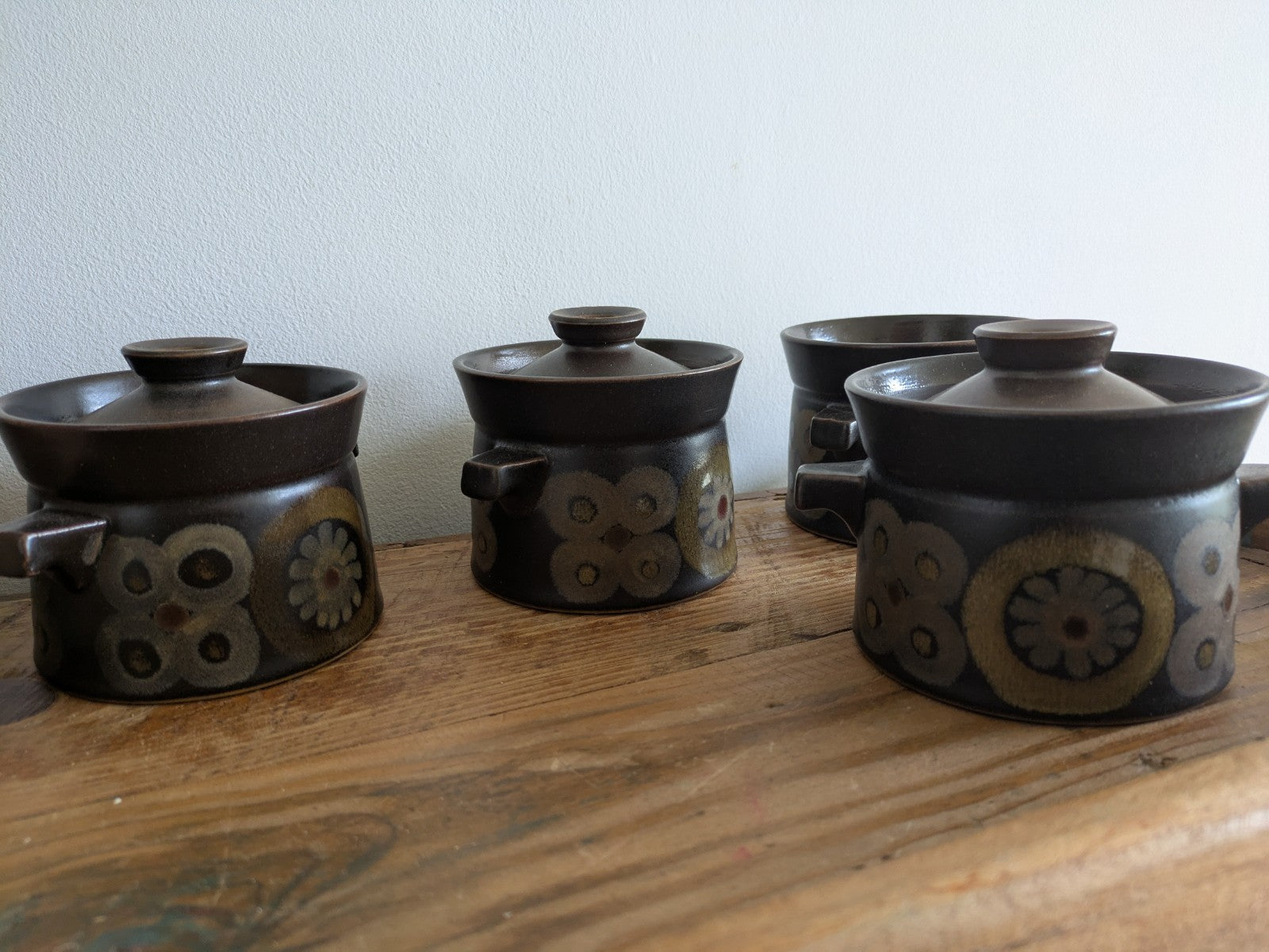 4 vintage 1960s DENBY Arabesque Gill Pemberton Small Lidded Soup Bowls 3 Lids 