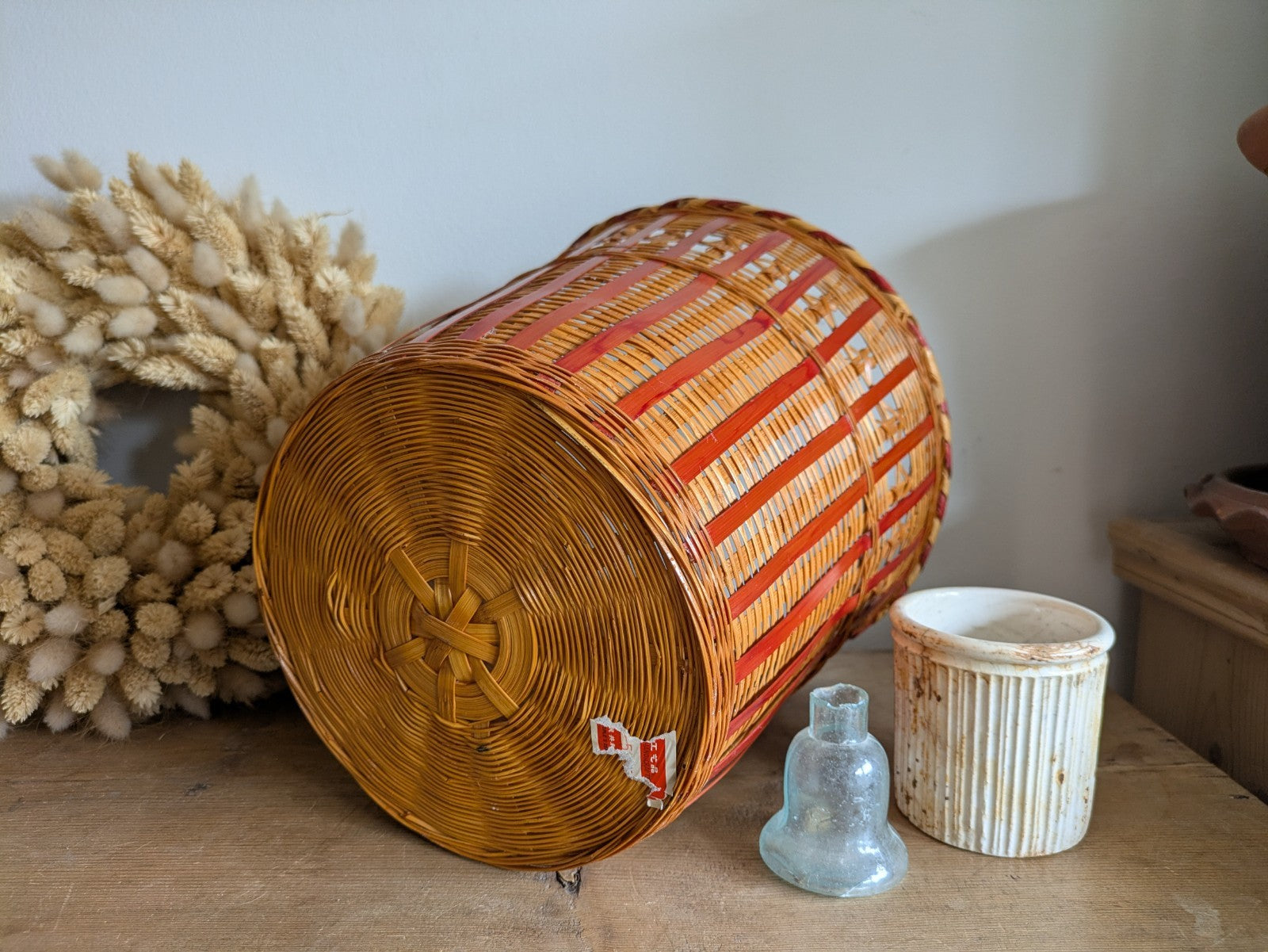 Vintage Mid Century 60 70s Woven Cane Bamboo Bin Planter Plant Pot Tikki Boho 