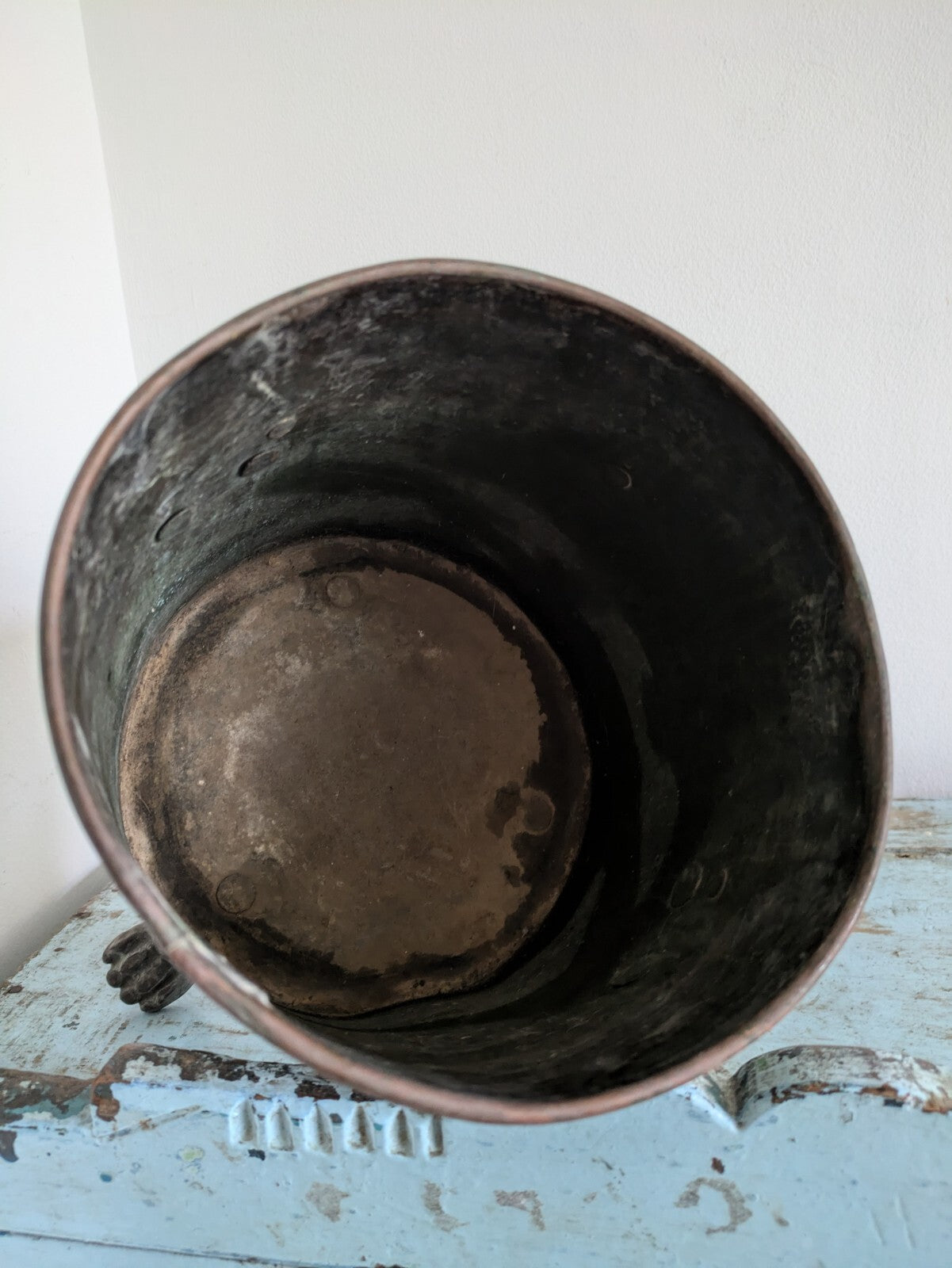 19th C Antique Copper Brass Lion Log Coal Bucket Planter Ice Cylinder 3 Leg Rare