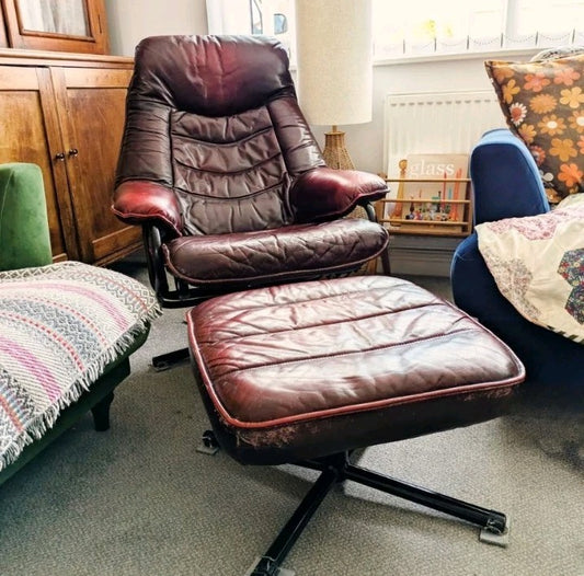 MCM Skoghaug Industries Oxblood Red Leather Swivel Recliner Armchair & Stool 60s