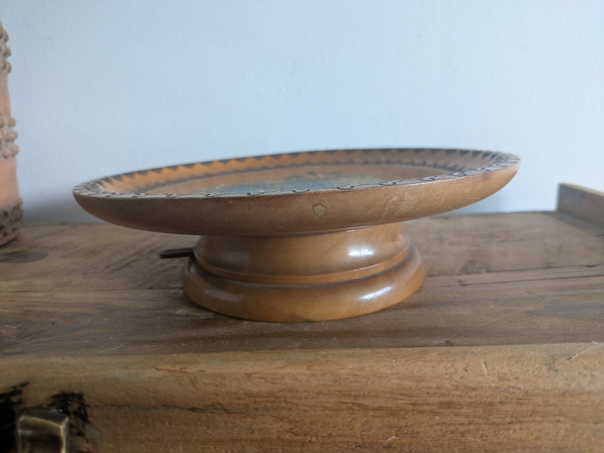 Vintage Hand Carved Wood Rotating Pedestal Plate Alipine Flowers Music Song Vgc