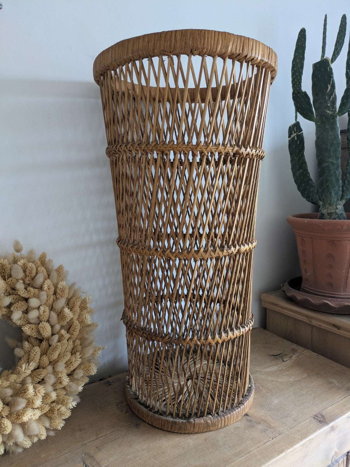Vintage Tall Woven Wicker Rattan Boho Umbrella Cane Storage Basket Stand MCM Old