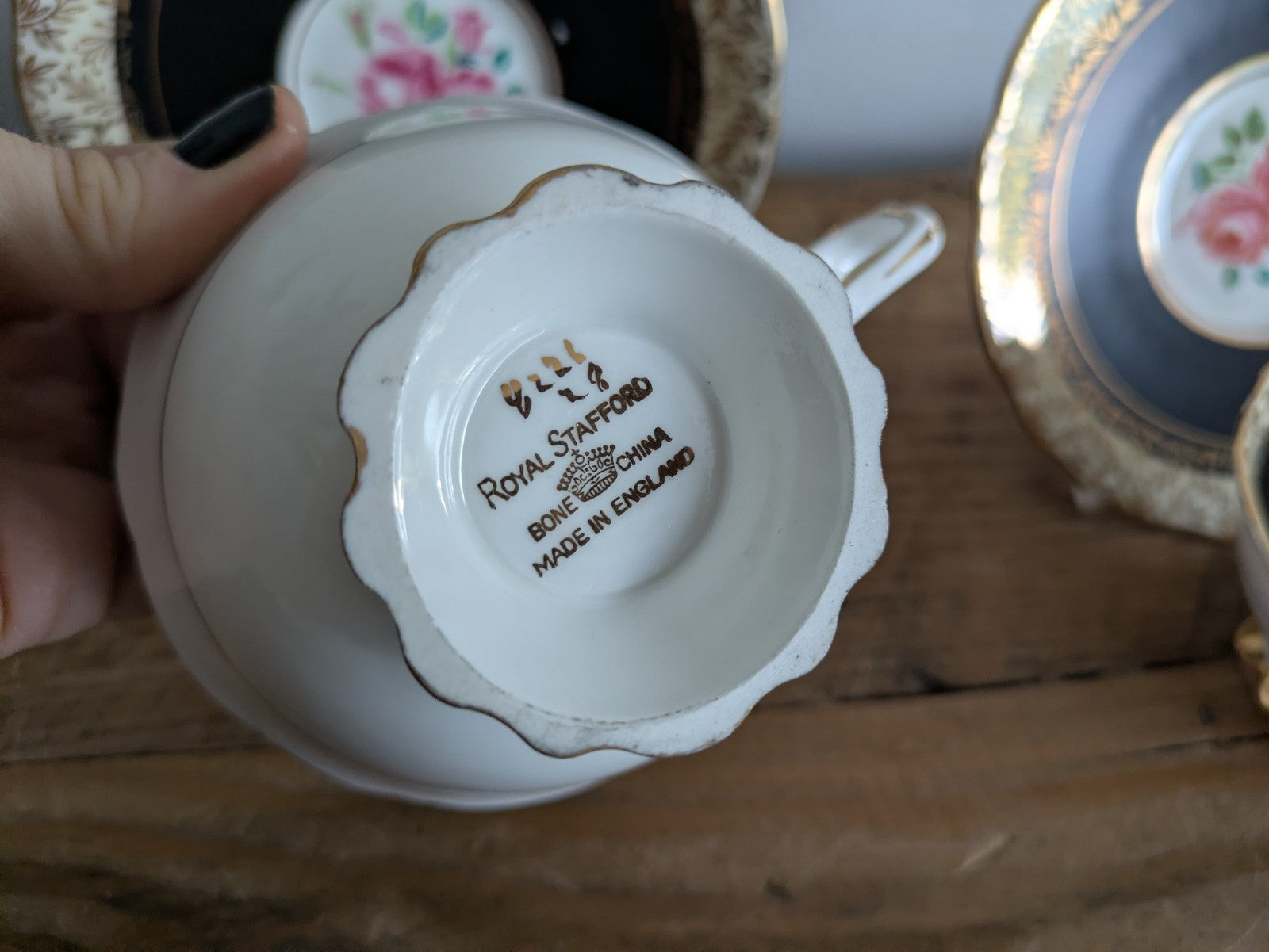 Pair Duos Vintage Royal Stafford Pink Black Gilt Cabbage Rose Cup and Saucer x2