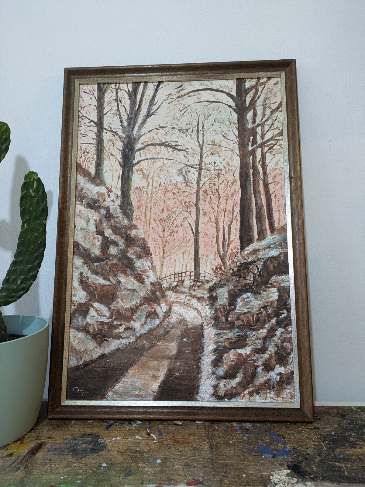 Vtg Painting Wood T Morris Forrest Winter Road Trees Country Picture Landscape