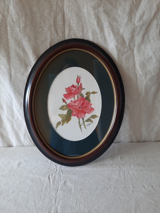 Vintage original oil Pastel painting Oval frame bouquet botanical old Red Rose
