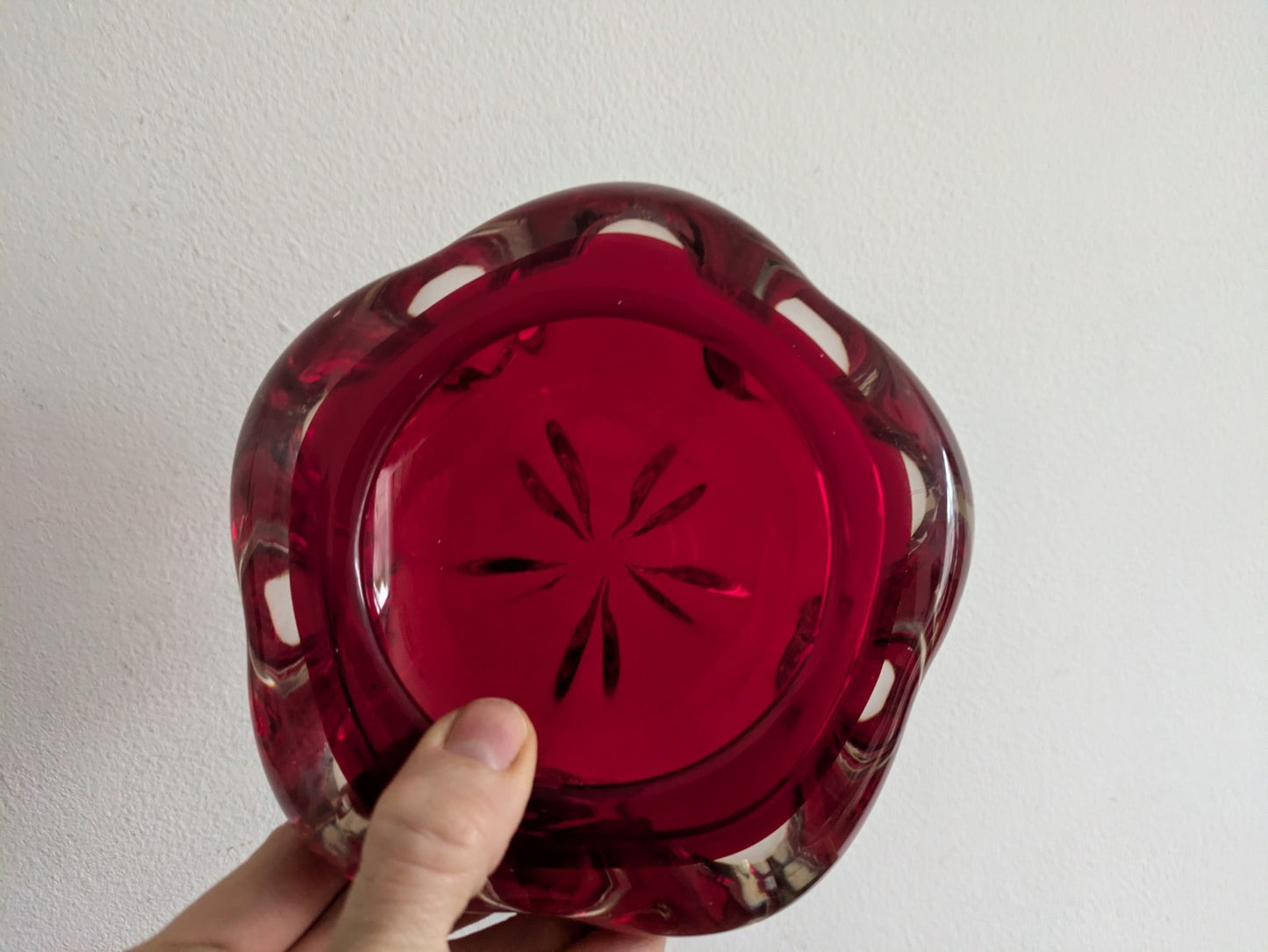 Whitefriars Ruby 5 Lobed Dish PatNo.9408 Flower Shape Cased Red Bowl Vtg Retro