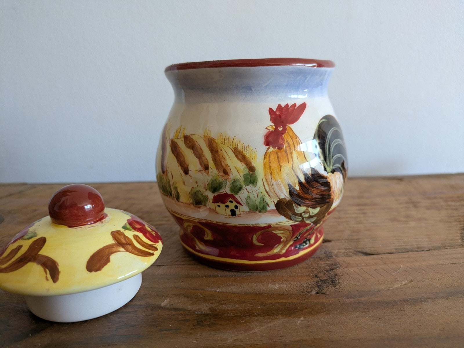 Provincial Rooster French Pottery Farmhouse Kitchen Canister Pot Lid Jar Painted