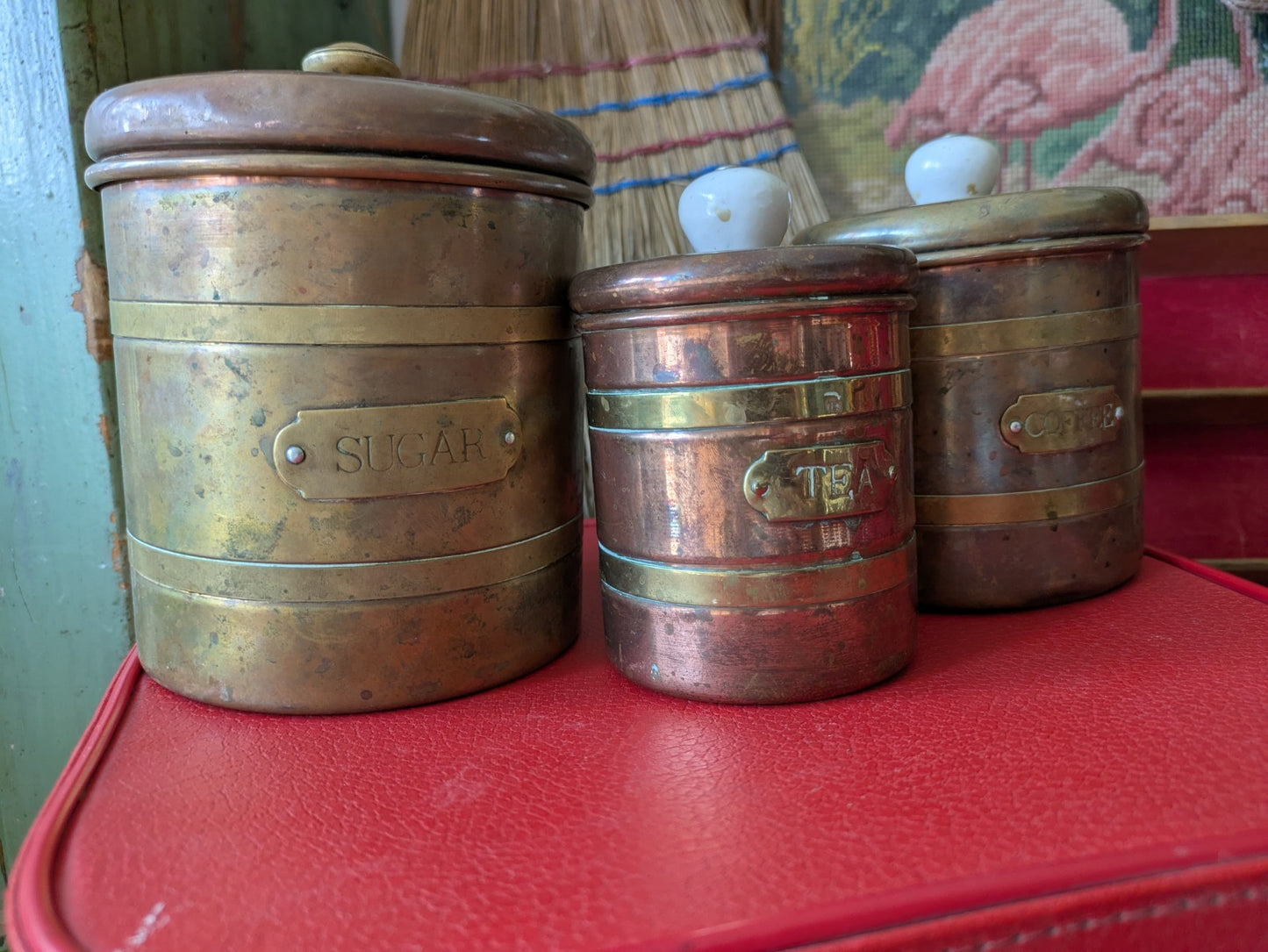 Antique Copper & Brass Tea Coffee Sugar Set Country Farm House Kitchenalia Vtg 