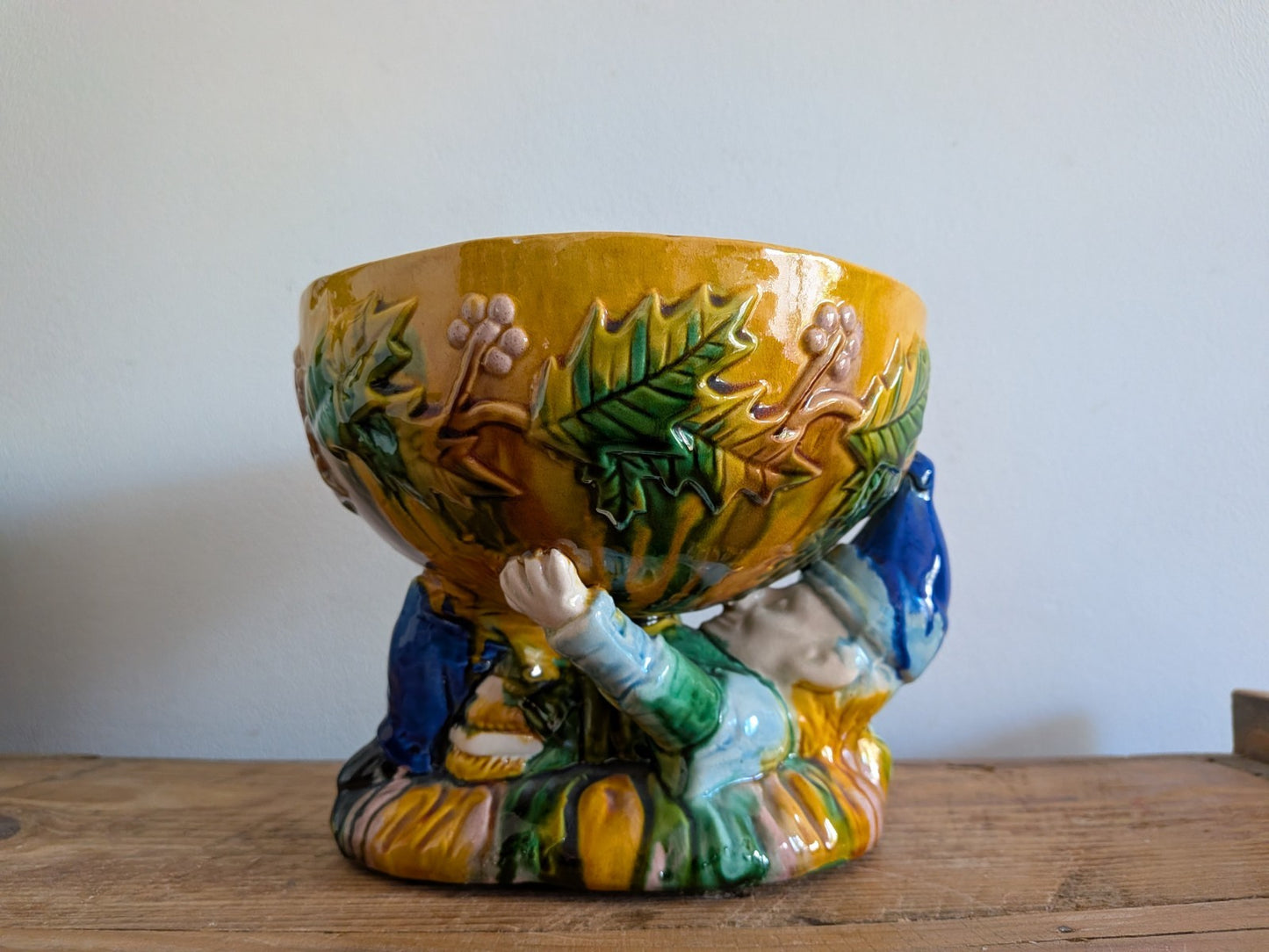 Vintage George Jones Majolica “MR Punch” Punch Bowl Christmas Table Gnome Dwarf