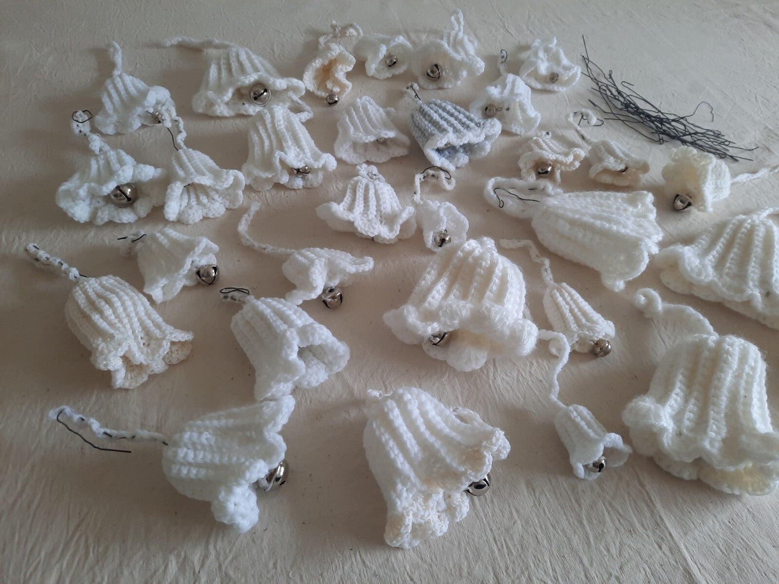 Vintage Christmas Ornament Lot Crochet Knitted 30 Bells Handmade Folk MCM Retro