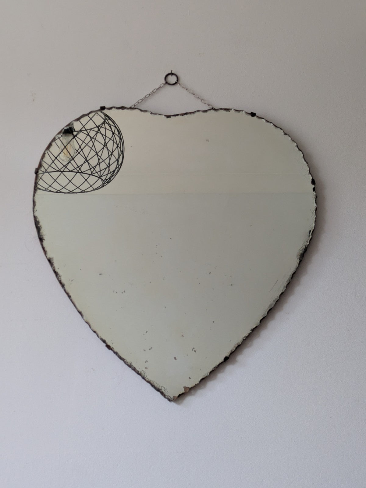 Large Antique Vintage Art Deco 1930s Heart Shaped Scalloped Mirror With Chain