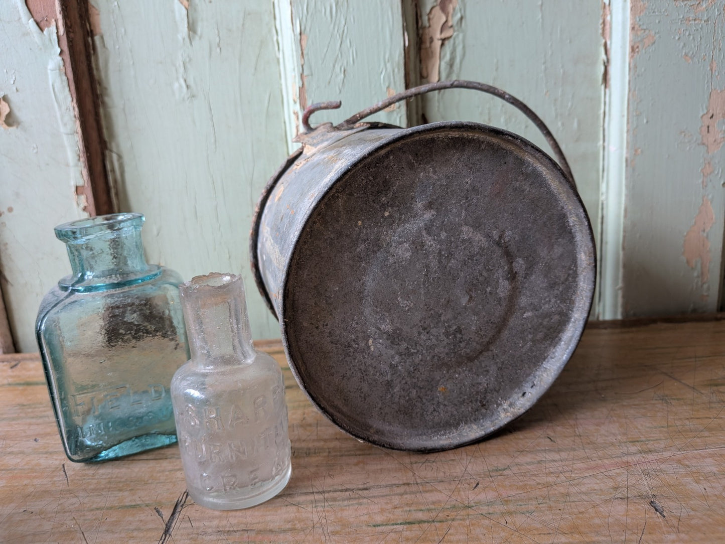 Small Mid 20thC Metal Paint Bucket Can Kettle Pail Planter Pot Prop Vtg Decor